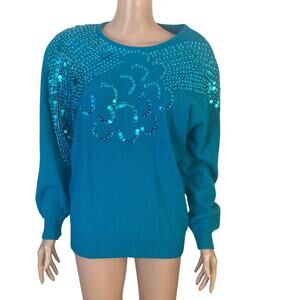 VTG Demaro Sweater Womens Small Angora Lambswool Turquoise Beaded Sequin